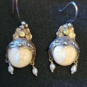 Carved bone pearl peridot earrings